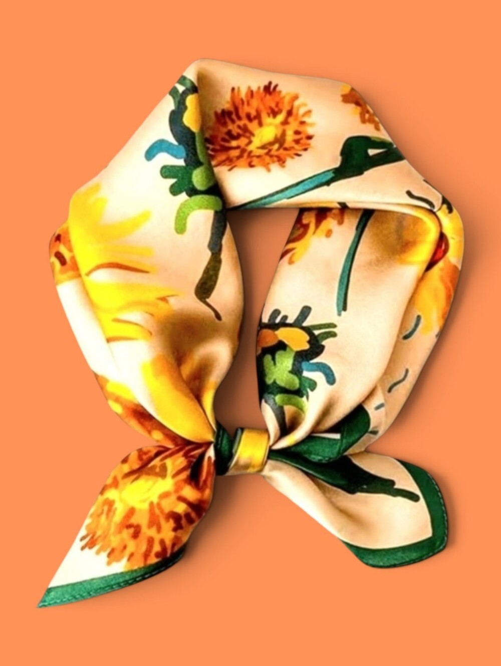 π»Silky Fall Colors! Yellow + Orange Floral Neck Scarf/Bag Decor Green Trim